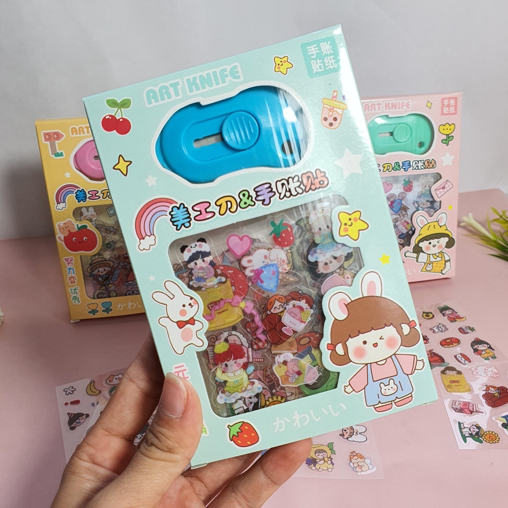 Hộp sticker dễ thương 8 miếng tặng kèm dao rọc giấy mini
