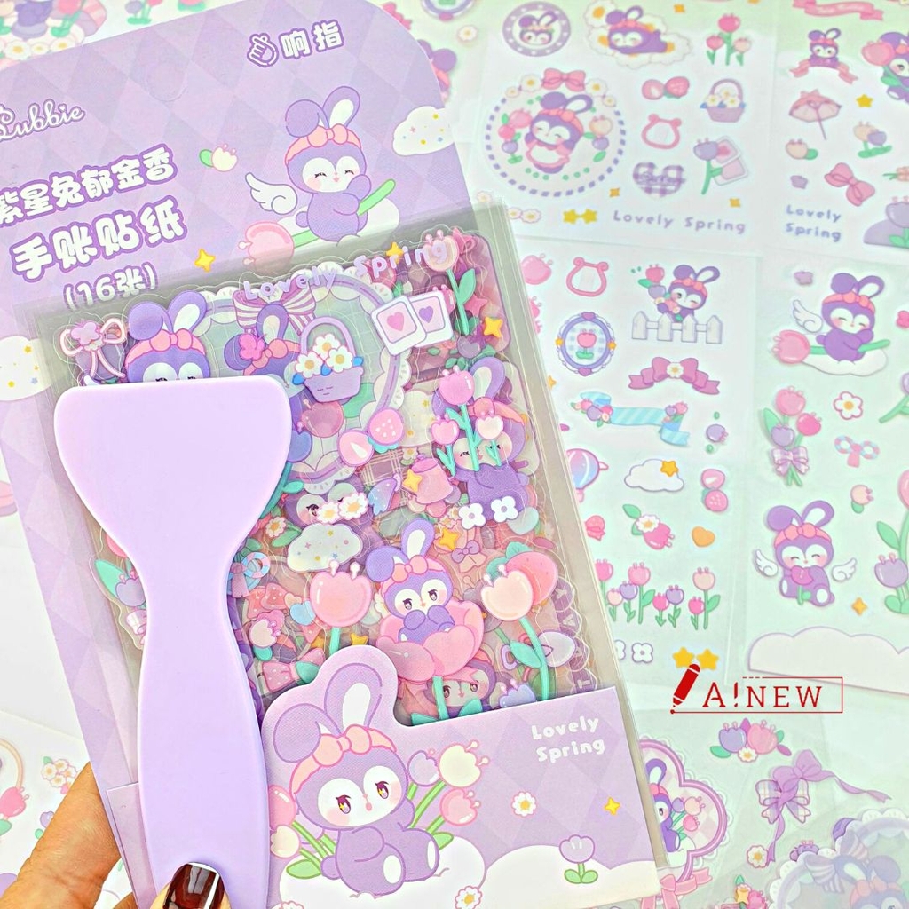 STICKER THỎ TÍM ĐEO NƠ TRANG TRÍ, CHỦ ĐỀ TÍM SIÊU XINH / 16 TỜ / MÃ SỐ 914521 ( tặng kèm dụng cụ dán sticker)
