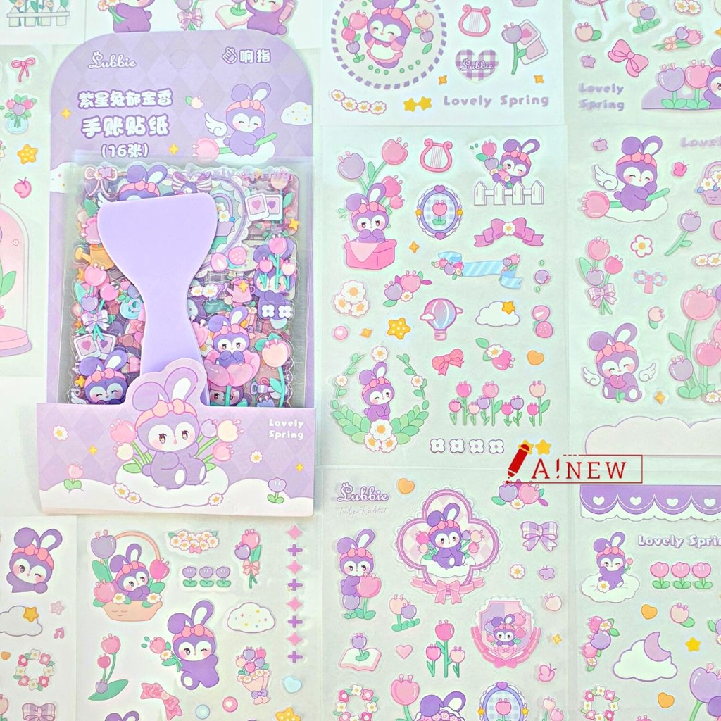 STICKER THỎ TÍM ĐEO NƠ TRANG TRÍ, CHỦ ĐỀ TÍM SIÊU XINH / 16 TỜ / MÃ SỐ 914521 ( tặng kèm dụng cụ dán sticker)