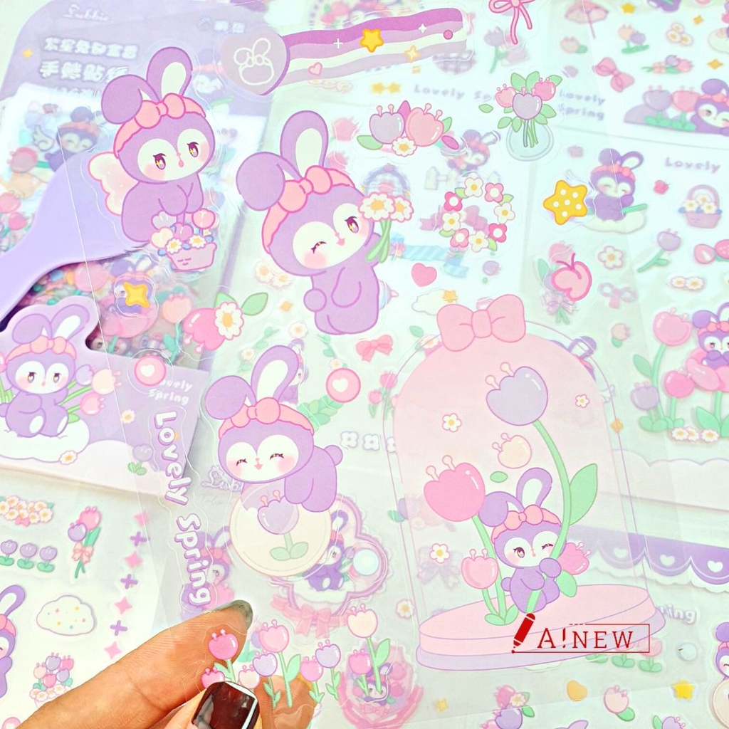 STICKER THỎ TÍM ĐEO NƠ TRANG TRÍ, CHỦ ĐỀ TÍM SIÊU XINH / 16 TỜ / MÃ SỐ 914521 ( tặng kèm dụng cụ dán sticker)