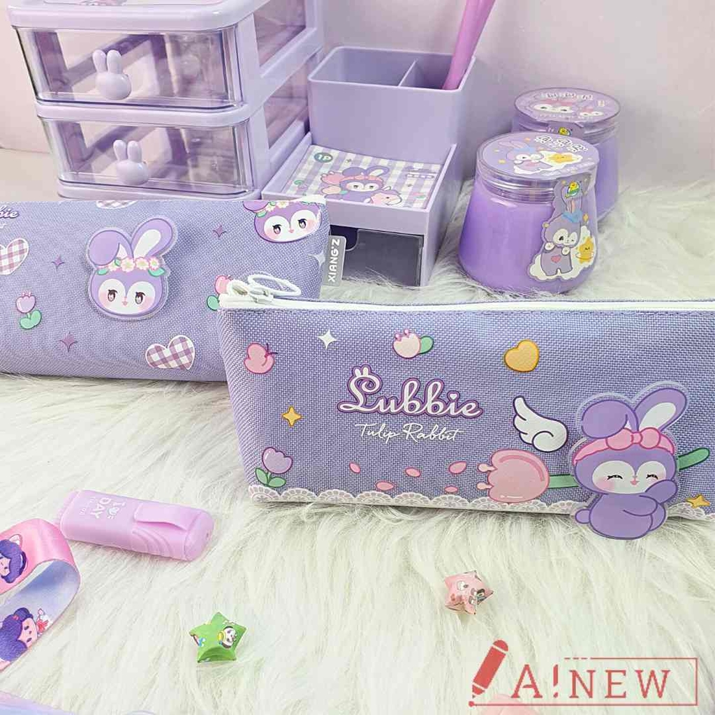 Bóp bút đựng viết Lubbie Thỏ tím đeo nơ kèm khuy cài hình dễ thương - Túi vải canvas đựng bút tiện lợi - Mã 916549