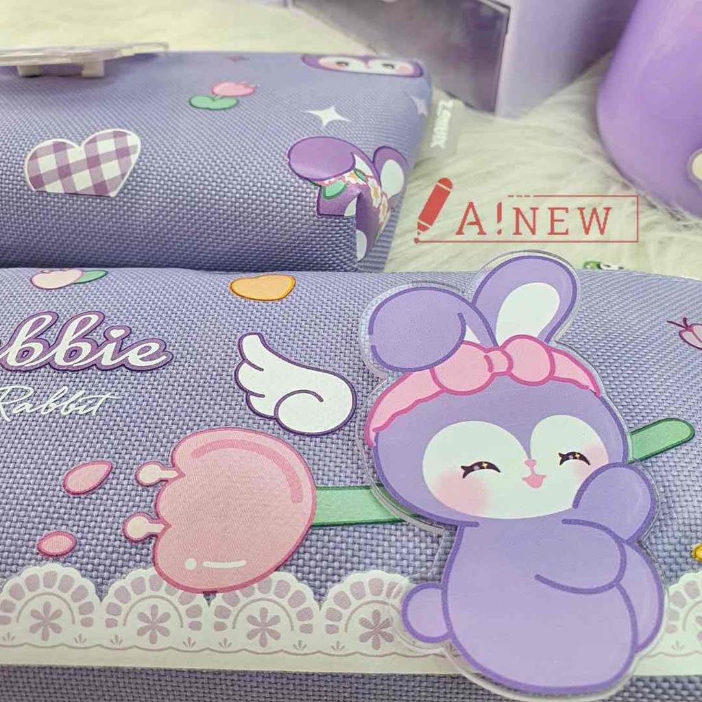 Bóp bút đựng viết Lubbie Thỏ tím đeo nơ kèm khuy cài hình dễ thương - Túi vải canvas đựng bút tiện lợi - Mã 916549