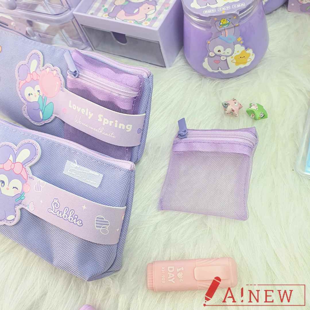 Bóp bút thỏ tím đeo nơ tặng kèm túi nhỏ hoạ tiết xinh xắn - Túi đựng bút vải canvas - Mã 914484