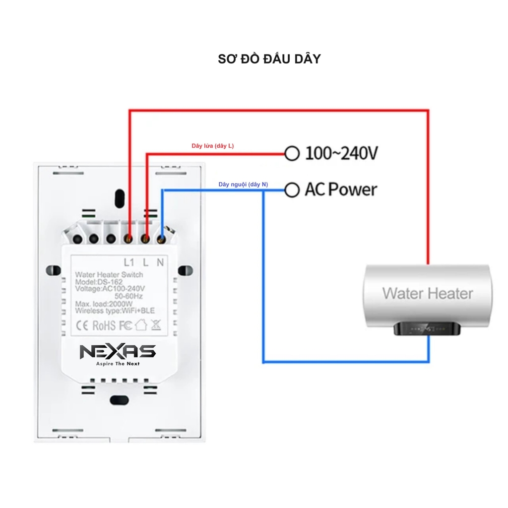 Công Tắc Thông Minh Công Suất Cao Homekit NEXAS Dùng Cho Máy Nước Nóng