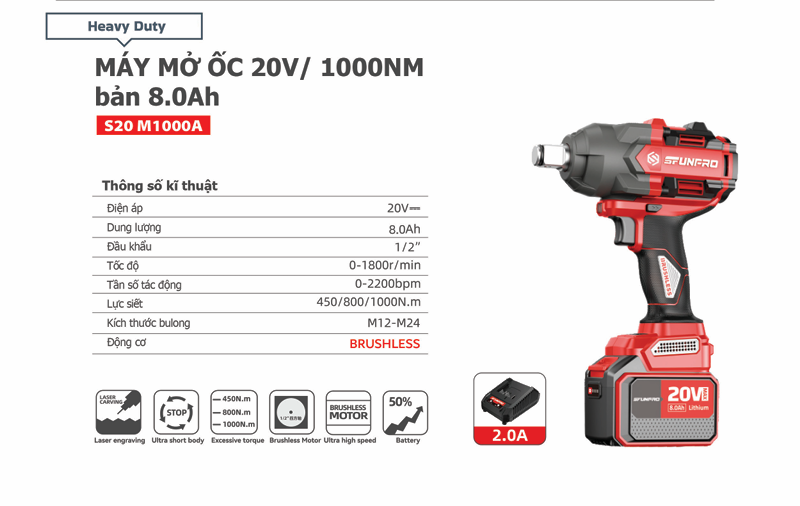 Máy Siết Bulong 1000N.m Dùng Pin SFUNPRO S20M1000A