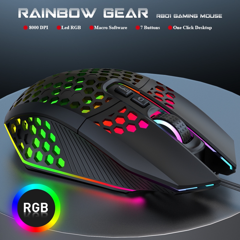 CHUỘT GAMING RAINBOW GEAR R801 8000DPI CHUỘT LỔ LED RGB MACRO