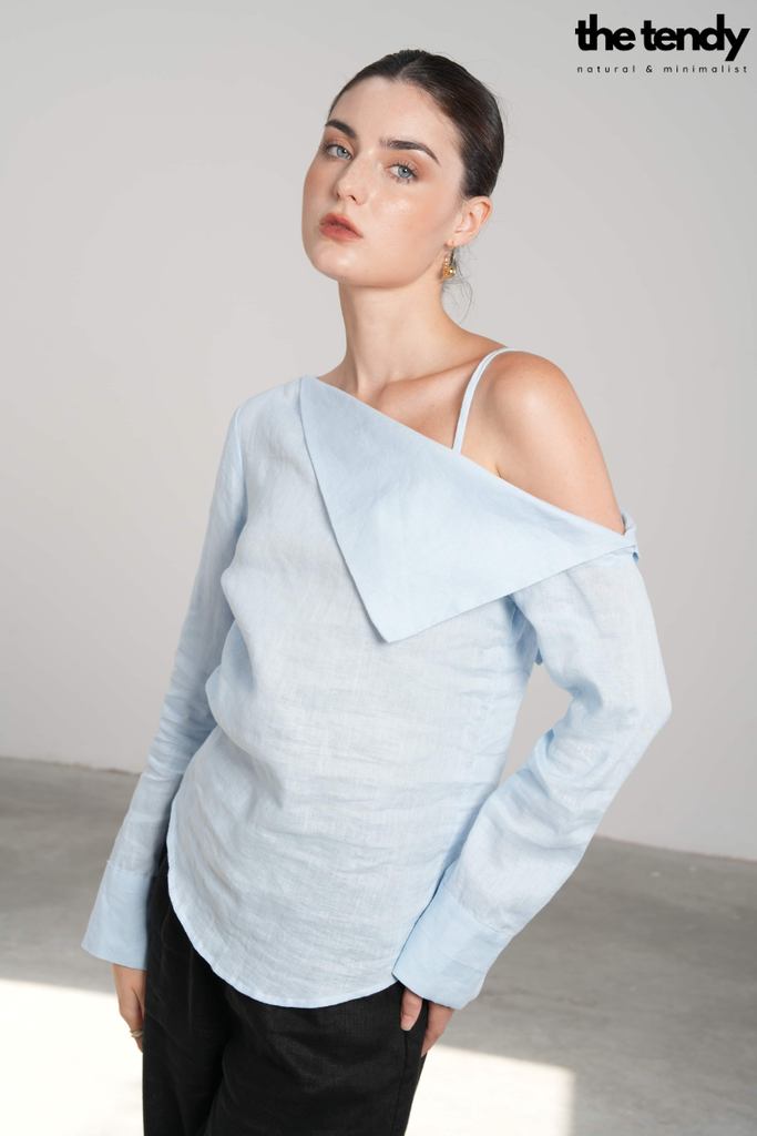 Áo sơ mi nữ linen Taylor, tay dài, màu xanh, trễ vai cách điệu