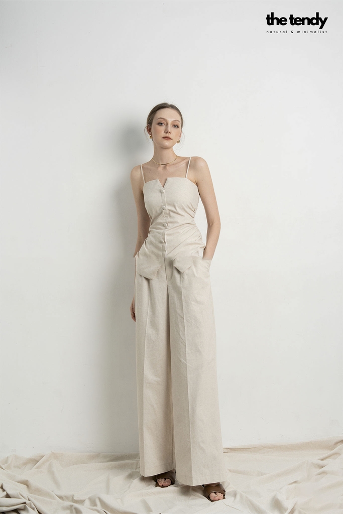 Áo hai dây linen Le Bourgeon màu be nhún eo thanh lịch, tối giản, tôn dáng