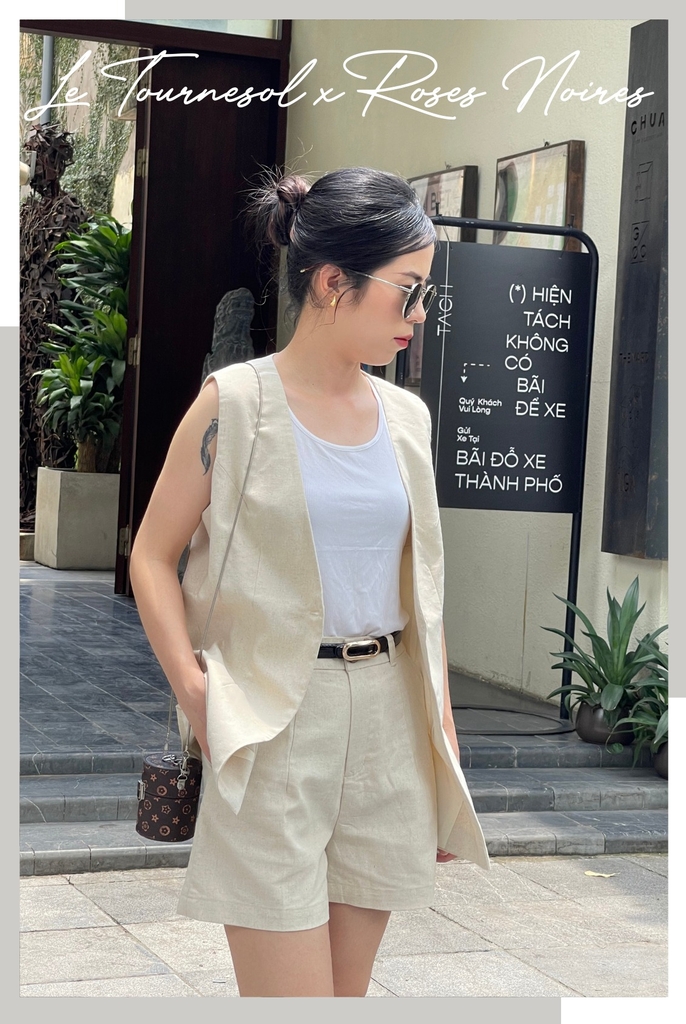 Quần short linen Roses Noires cạp cao bản to nhiều màu: Đen, Trắng, Nâu, Be, Hồng