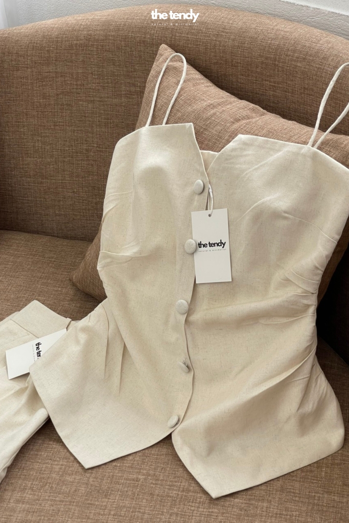 Áo hai dây linen Le Bourgeon màu be nhún eo thanh lịch, tối giản, tôn dáng