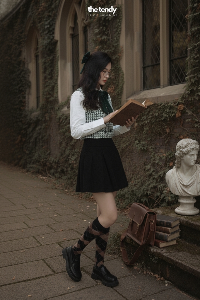 Áo gile dạ tweed caro xanh lá Zava, cúc trước ngực, form croptop