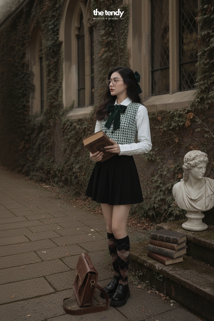 Áo gile dạ tweed caro xanh lá Zava, cúc trước ngực, form croptop