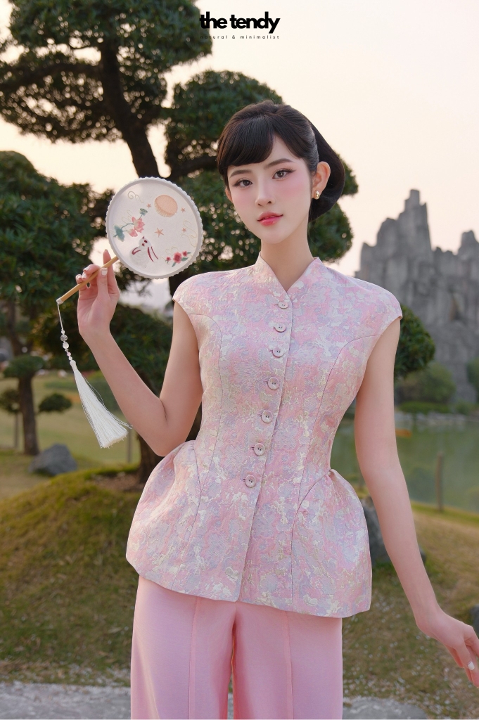 Áo Hân Hoan, áo tay phồng dáng peplum, chất gấm cao cấp