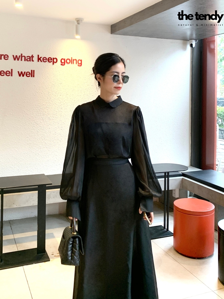 Áo Amelia Silk Organza màu đen, tay dài sang trọng (không kèm áo quây bên trong)