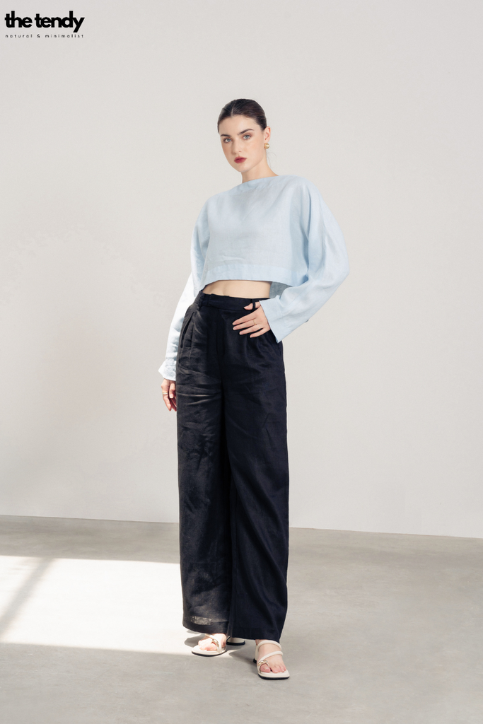 Áo kiểu croptop linen Billie, cổ thuyền, tay dài, màu xanh ngọc