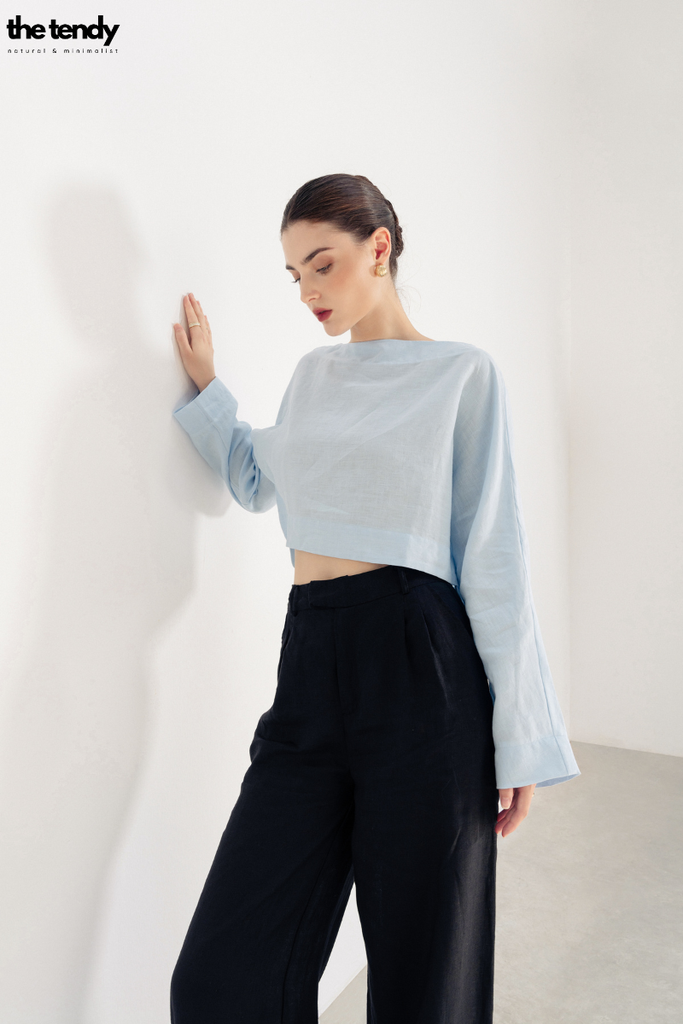 Áo kiểu croptop linen Billie, cổ thuyền, tay dài, màu xanh ngọc