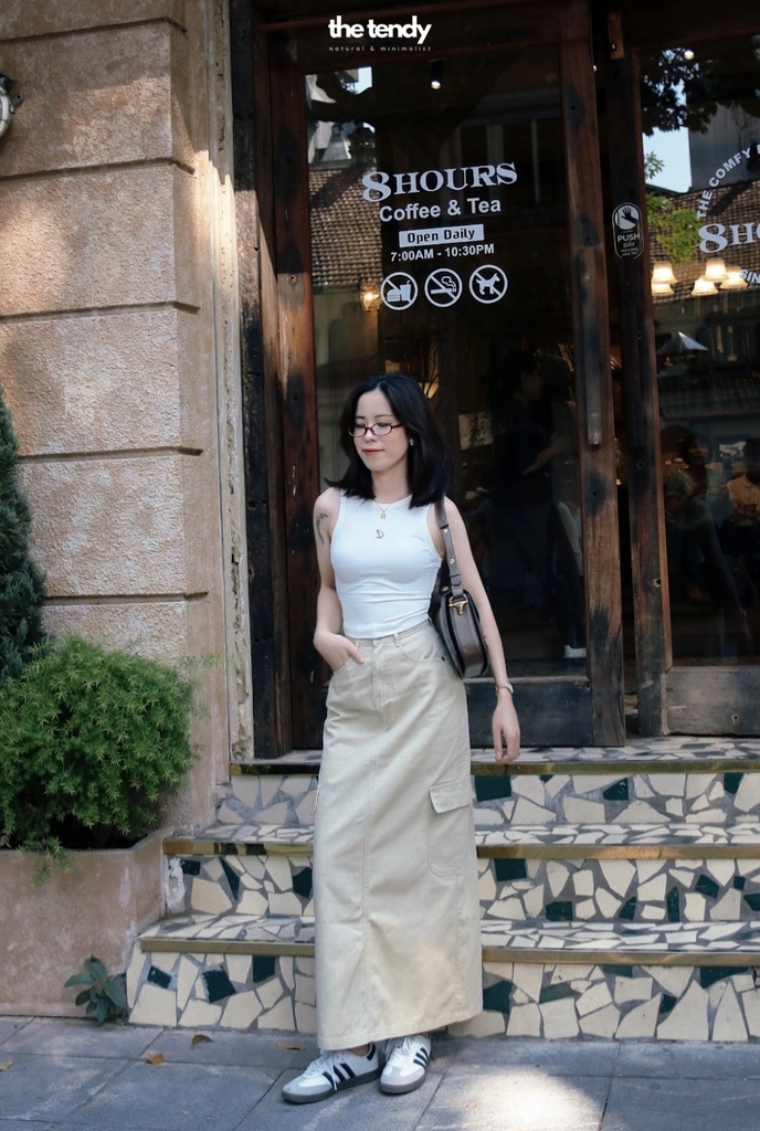 Chân váy SANDRA dáng dài, màu vàng bơ, chất kaki, có túi hộp