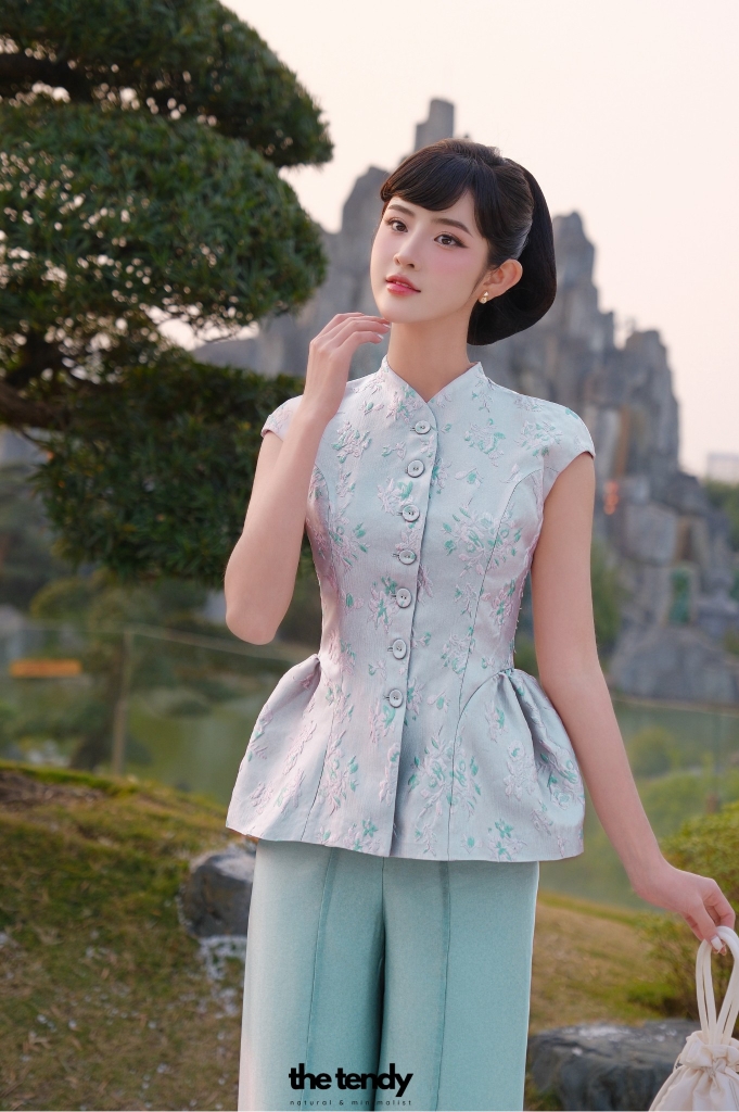 Áo Hân Hoan, áo tay phồng dáng peplum, chất gấm cao cấp