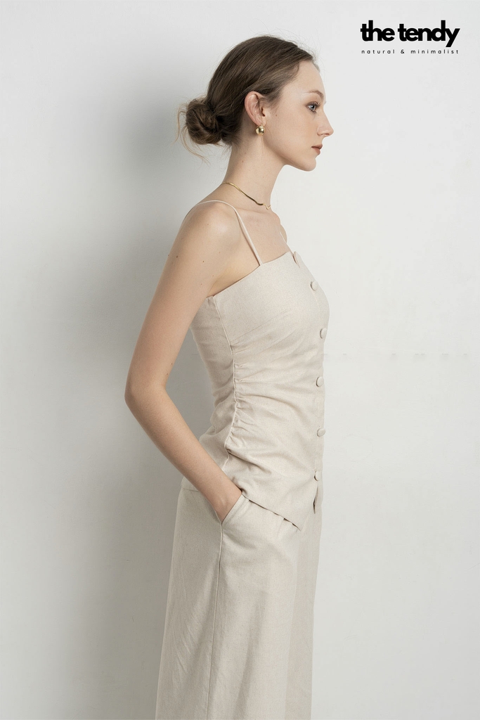 Áo hai dây linen Le Bourgeon màu be nhún eo thanh lịch, tối giản, tôn dáng