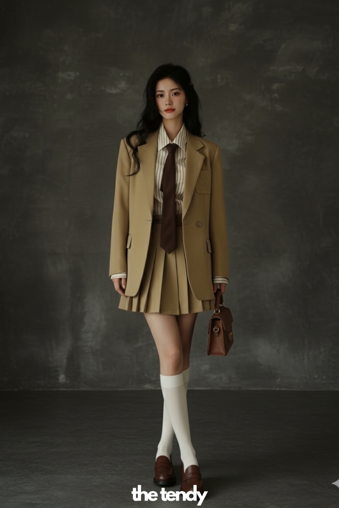 Áo blazer nữ thiết kế Lynx tay dài, hai màu ghi/nâu, phong cách preppy