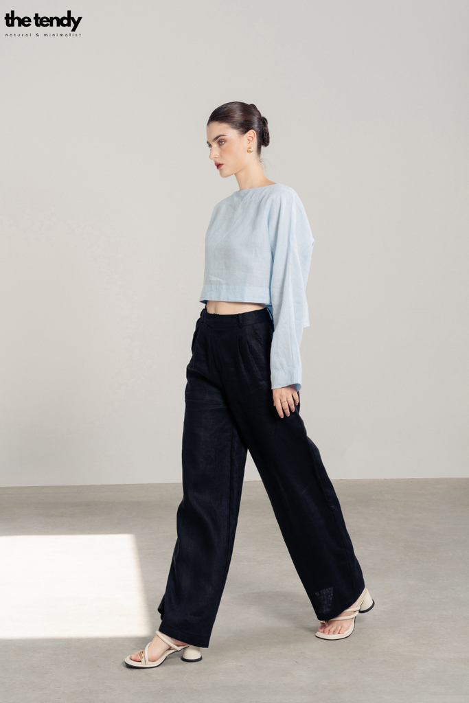 Áo kiểu croptop linen Billie, cổ thuyền, tay dài, màu xanh ngọc