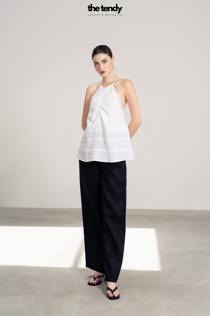 Áo hai dây linen Kimberly dáng xoè, màu trắng, có dây buộc sau lưng