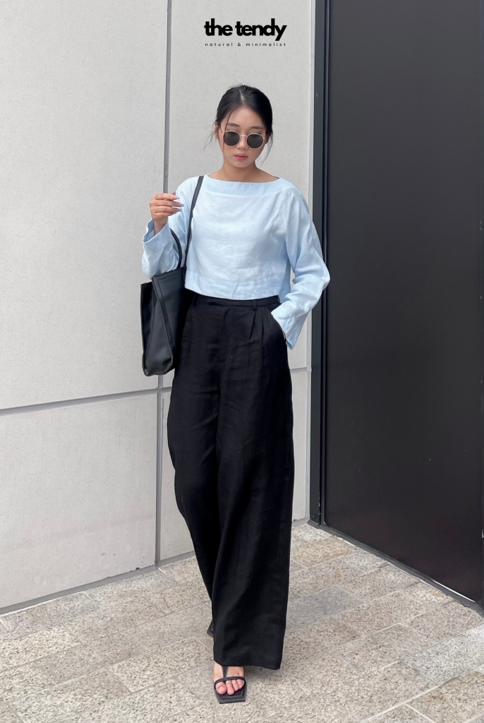 Áo kiểu croptop linen Billie, cổ thuyền, tay dài, màu xanh ngọc