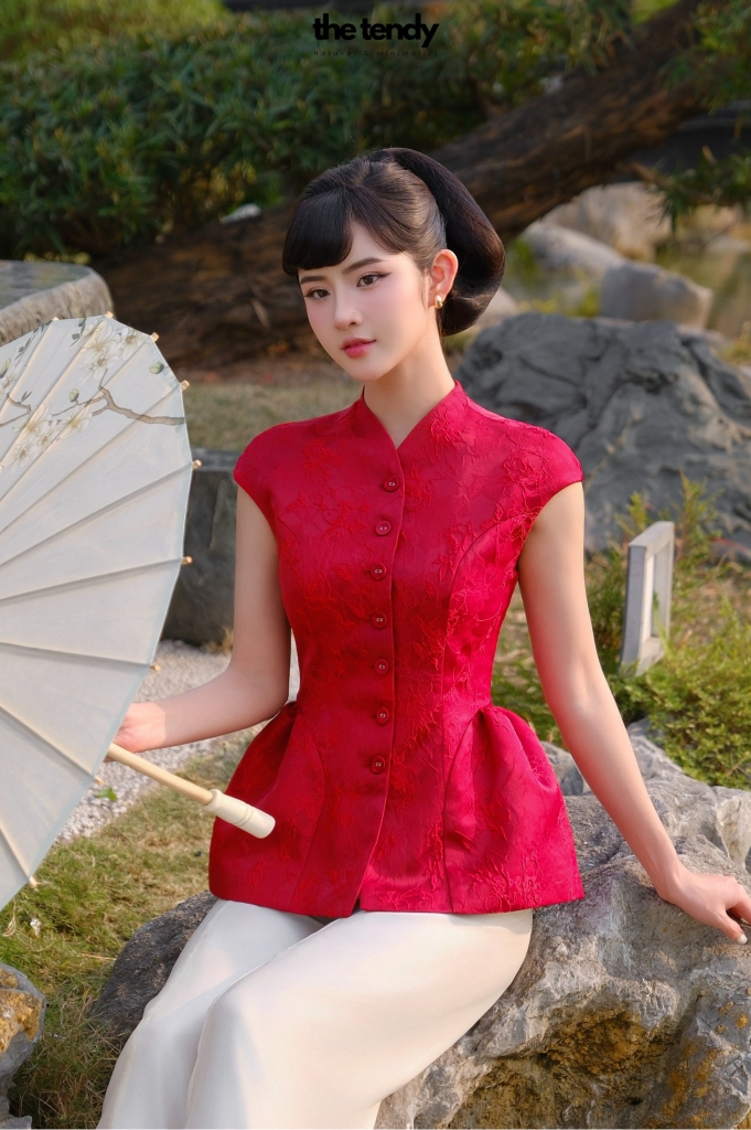 Áo Hân Hoan, áo tay phồng dáng peplum, chất gấm cao cấp