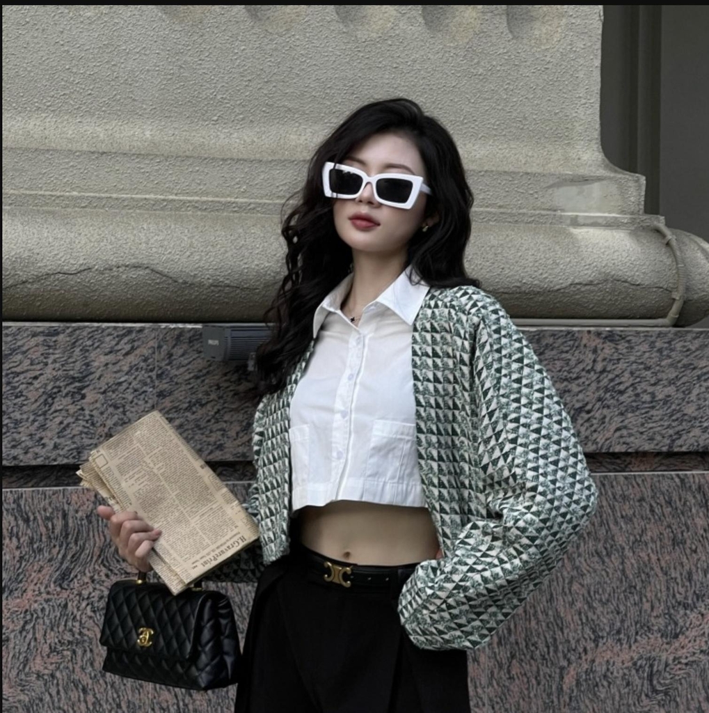 Áo dạ tweed dài tay Kimono dáng croptop, họa tiết caro xanh lá
