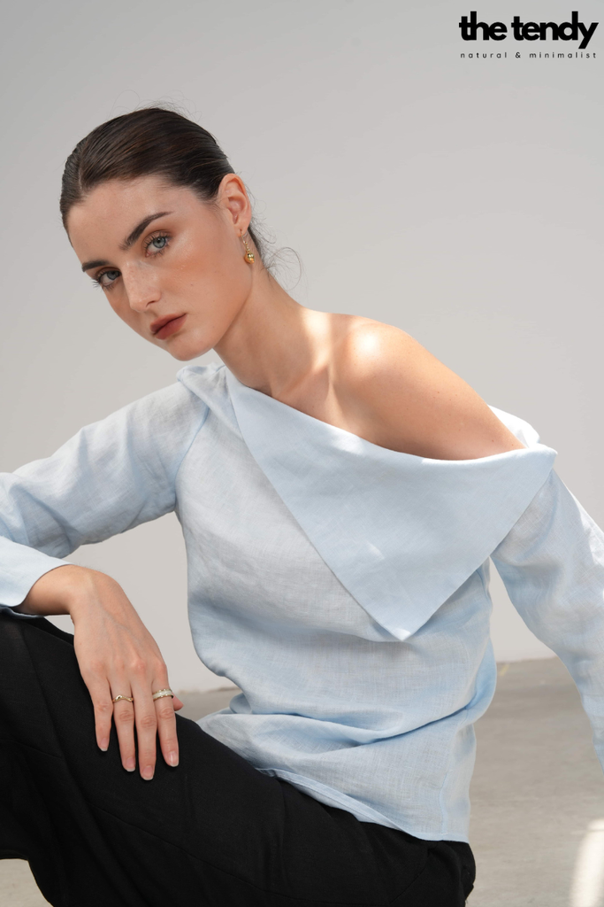 Áo sơ mi nữ linen Taylor, tay dài, màu xanh, trễ vai cách điệu