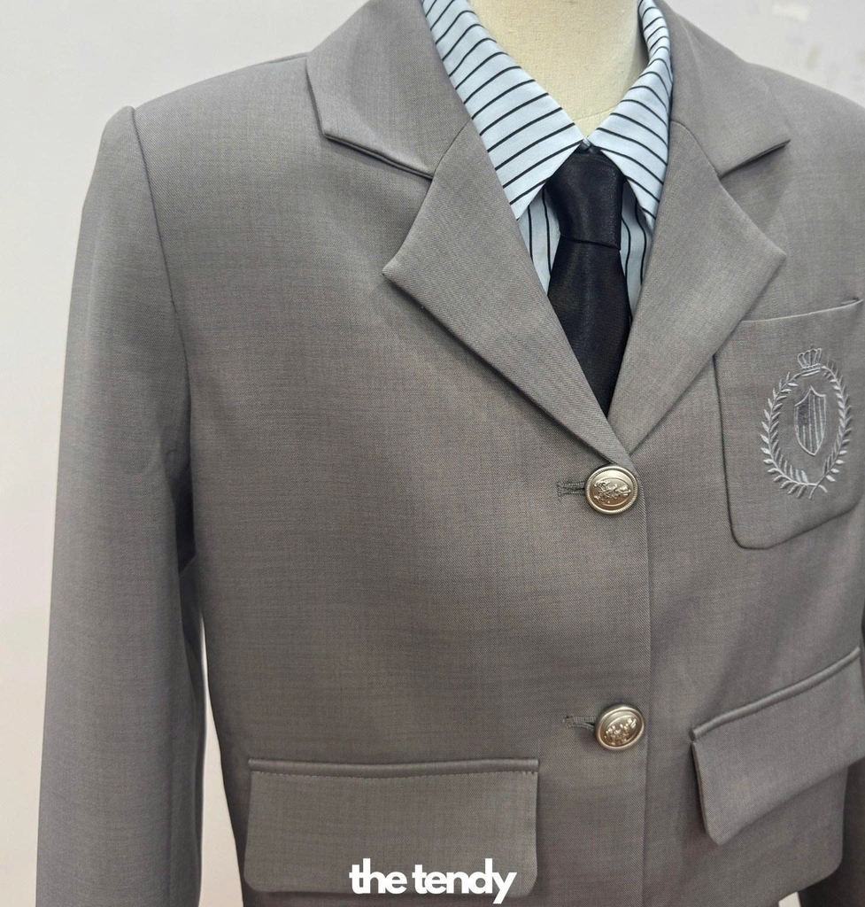 Áo Blazer thiết kế nữ Mimosa, 2 màu ghi/nâu, dáng croptop phong cách Preppy