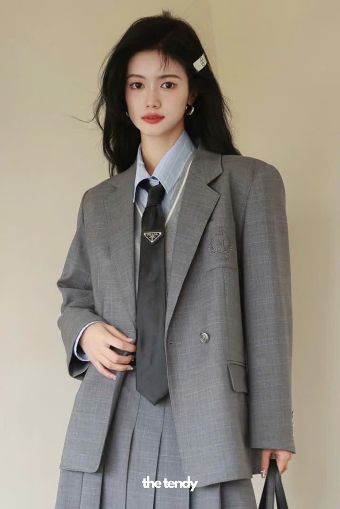 Áo blazer nữ thiết kế Lynx tay dài, hai màu ghi/nâu, phong cách preppy