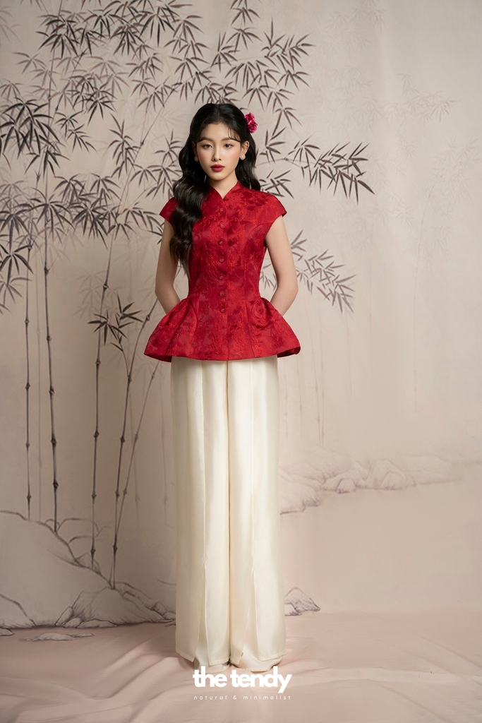Áo Hân Hoan, áo tay phồng dáng peplum, chất gấm cao cấp