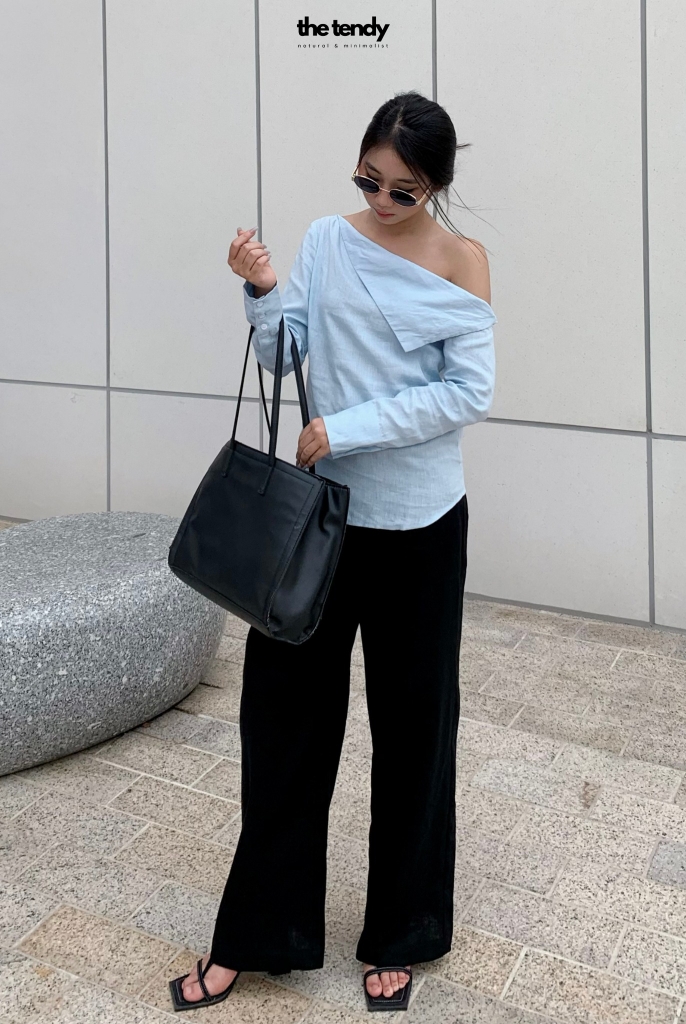Áo sơ mi nữ linen Taylor, tay dài, màu xanh, trễ vai cách điệu