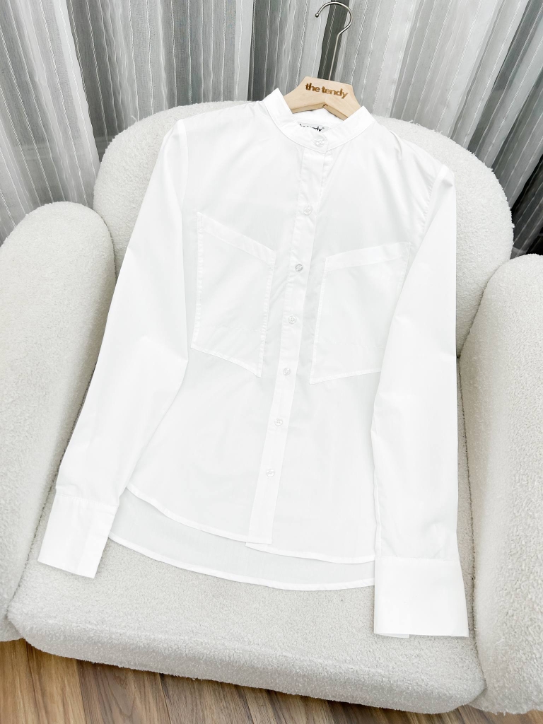 Áo sơ mi slimfit Kamila cổ tàu, màu trắng, chất thô lụa, chống nhăn