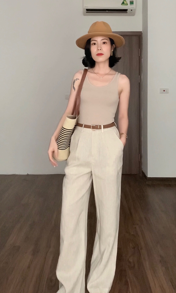 Quần suông linen Lena, dáng dài ống rộng, công sở phong cách Hàn Quốc
