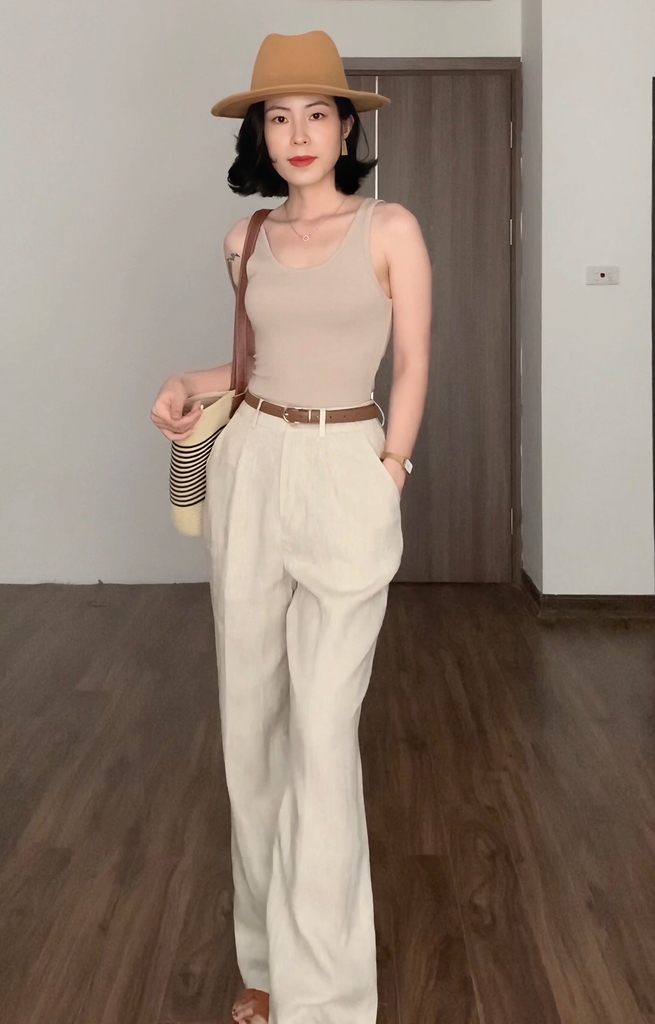 Quần suông linen Lena, dáng dài ống rộng, công sở phong cách Hàn Quốc