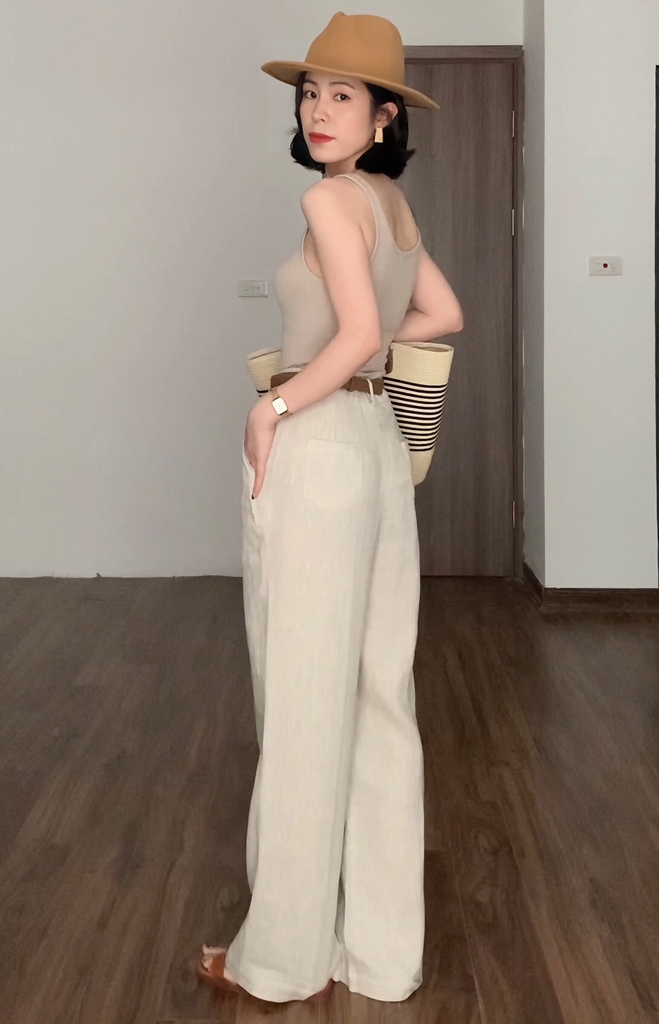 Quần suông linen Lena, dáng dài ống rộng, công sở phong cách Hàn Quốc