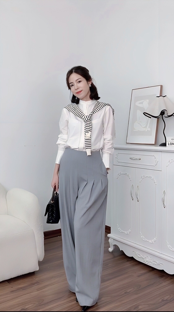 Quần dài Gillian ống rộng, dáng suông, màu ghi, chất tuýp si cao cấp