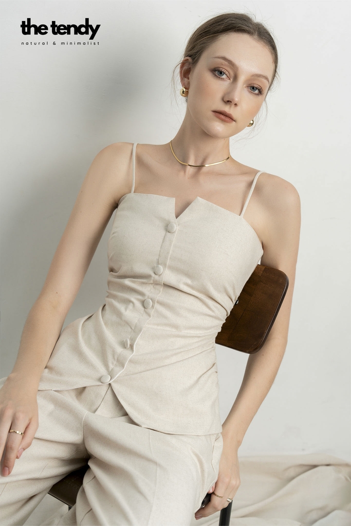 Áo hai dây linen Le Bourgeon màu be nhún eo thanh lịch, tối giản, tôn dáng