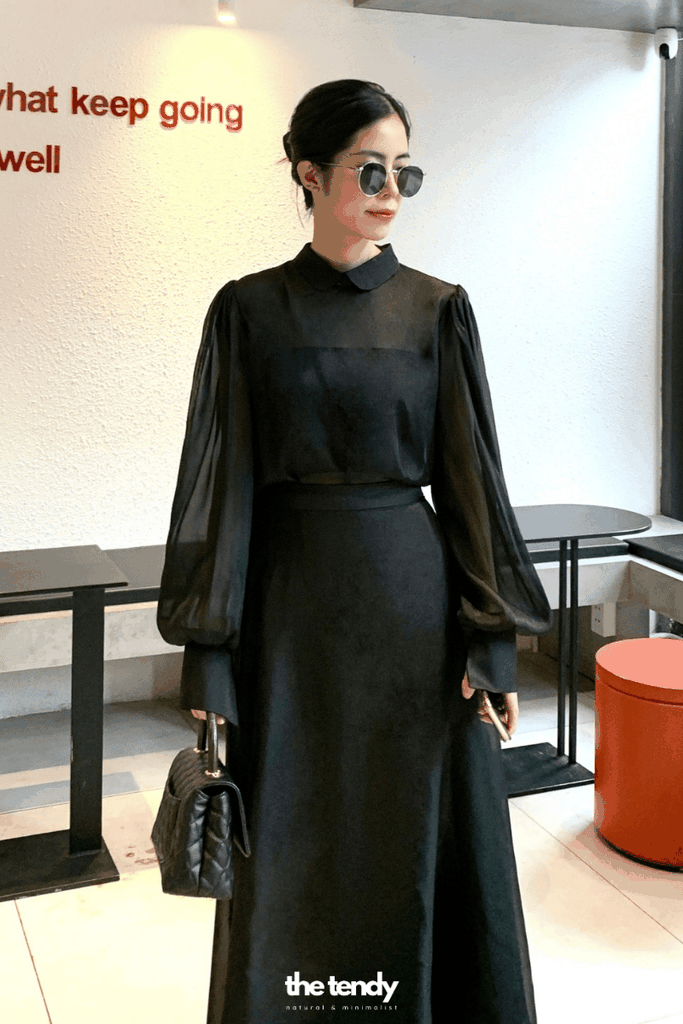 Áo Amelia Silk Organza màu đen, tay dài sang trọng (không kèm áo quây bên trong)