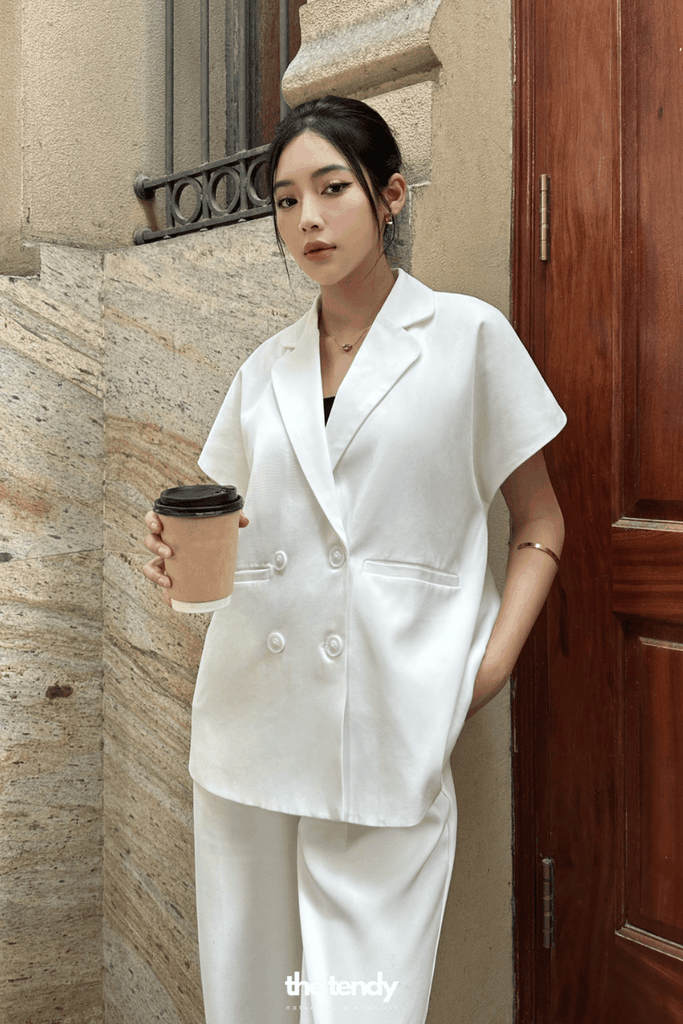 Áo blazer ngắn tay màu trắng Shayna phong cách Hàn Quốc