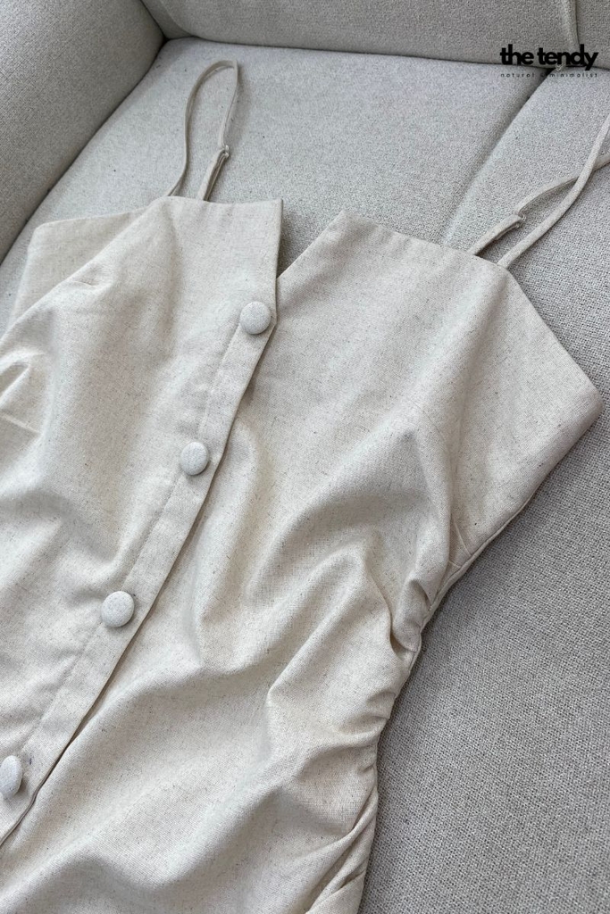 Áo hai dây linen Le Bourgeon màu be nhún eo thanh lịch, tối giản, tôn dáng