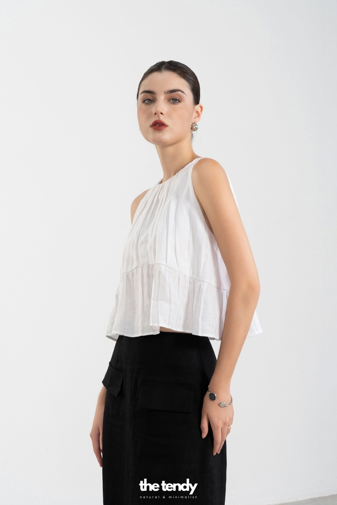 Áo linen 2 dây dáng croptop Daria, màu trắng