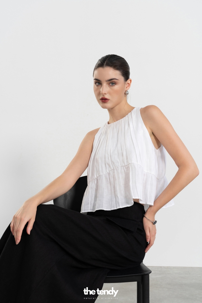 Áo linen 2 dây dáng croptop Daria, màu trắng