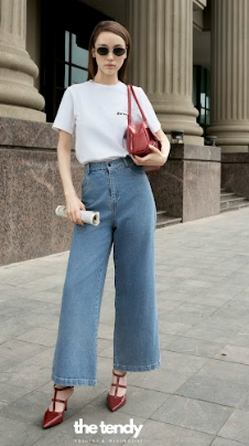 Quần bò dài Casey, chất cotton, form suông, ống rộng