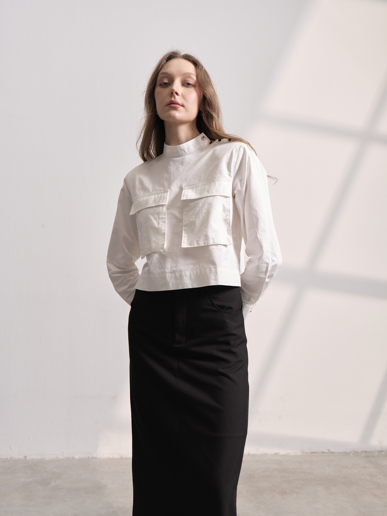 Áo somi dài tay dáng Croptop LAYLA, có túi hộp trước ngực