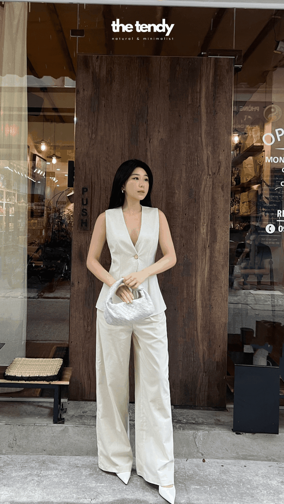 Quần dài linen Le Bourgeon, dáng suông ống rộng màu be thanh lịch