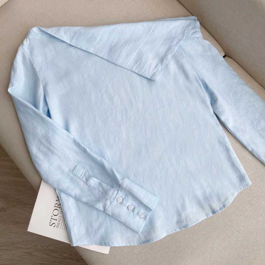 Áo sơ mi nữ linen Taylor, tay dài, màu xanh, trễ vai cách điệu