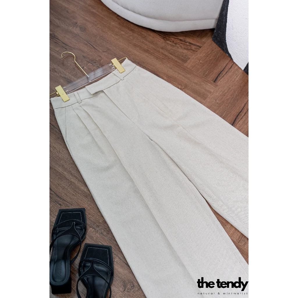 Quần dài linen Le Bourgeon, dáng suông ống rộng màu be thanh lịch